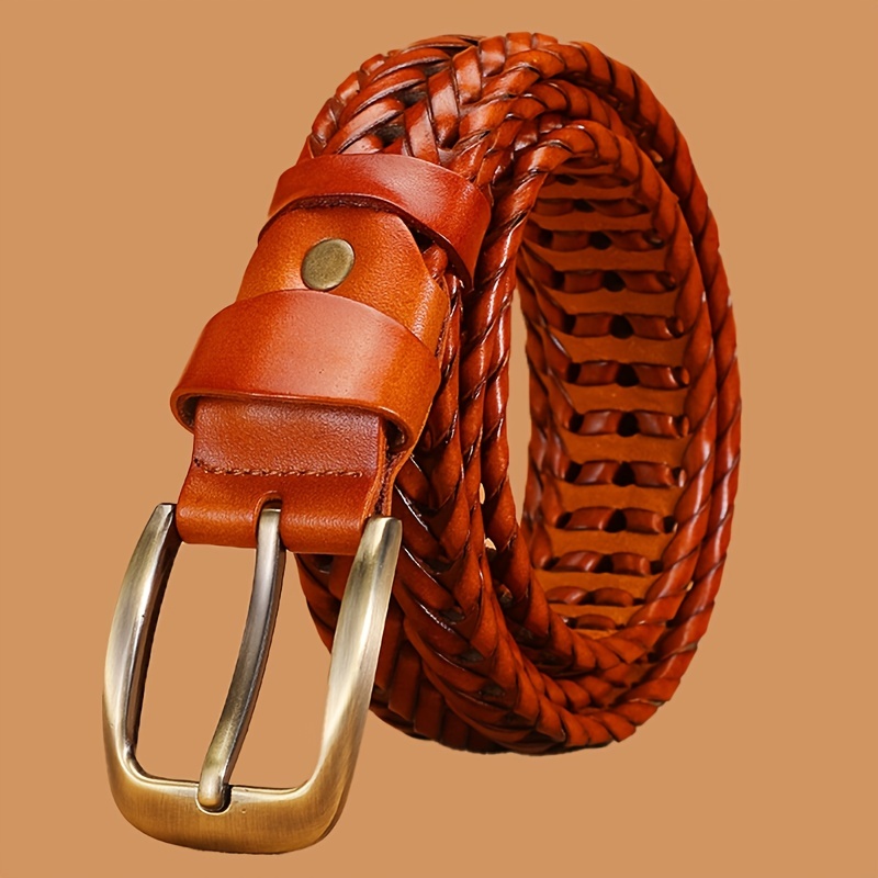 Vintage Unisex Braided Leather Belt Classic Pin Buckle Solid - Temu