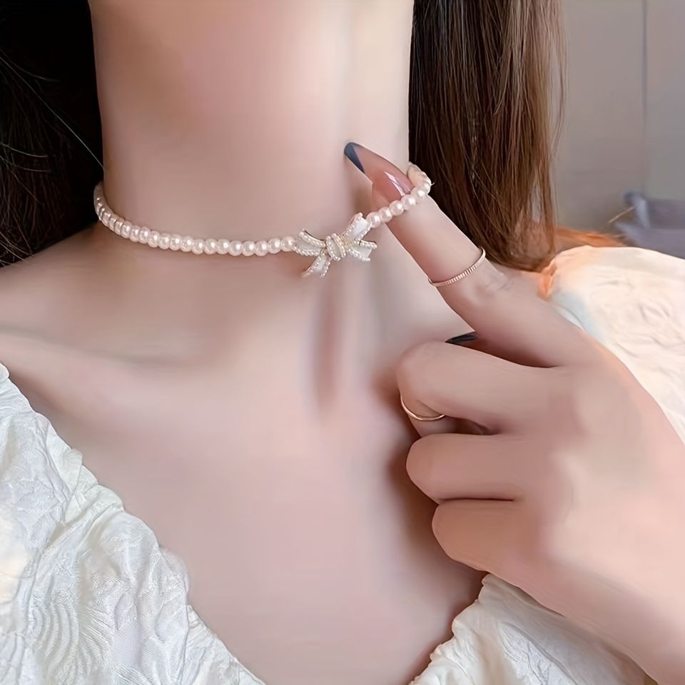 Coquette Faux Pearl Beads Necklace With Bowknot - Temu