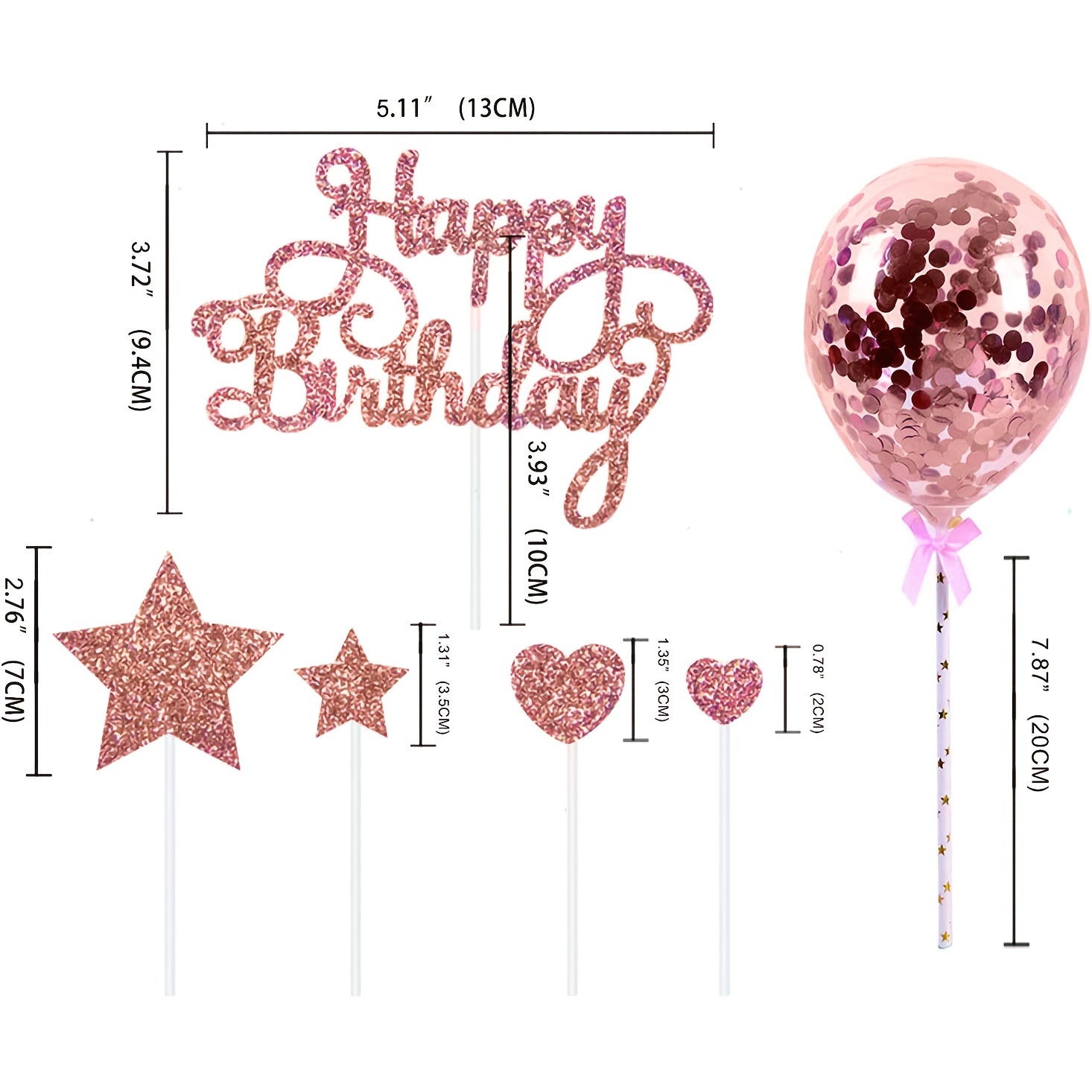 Rose Gold Glitter Script Happy Birthday Balloon Cake Topper Set – Partillc