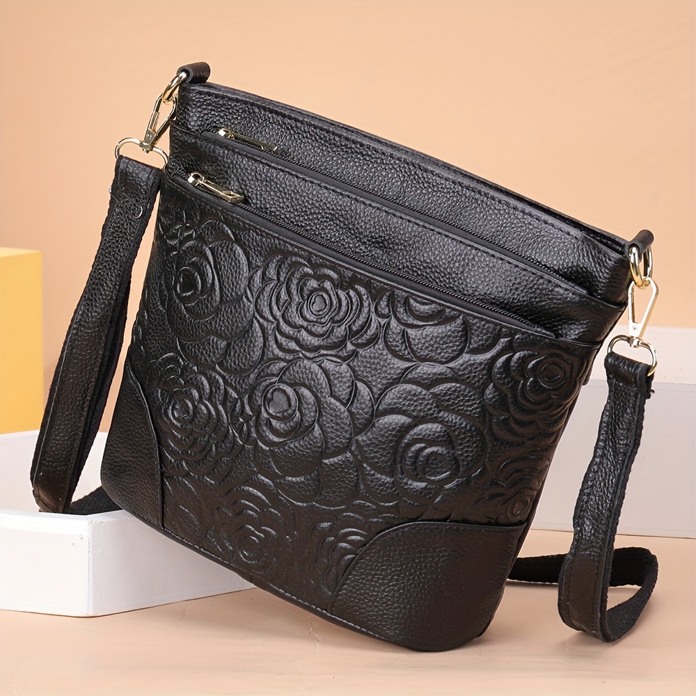 

Floral Embossed Crossbody Bag, Genuine Leather Shoulder Bag, Luxury Multi Pockets Purse For Women