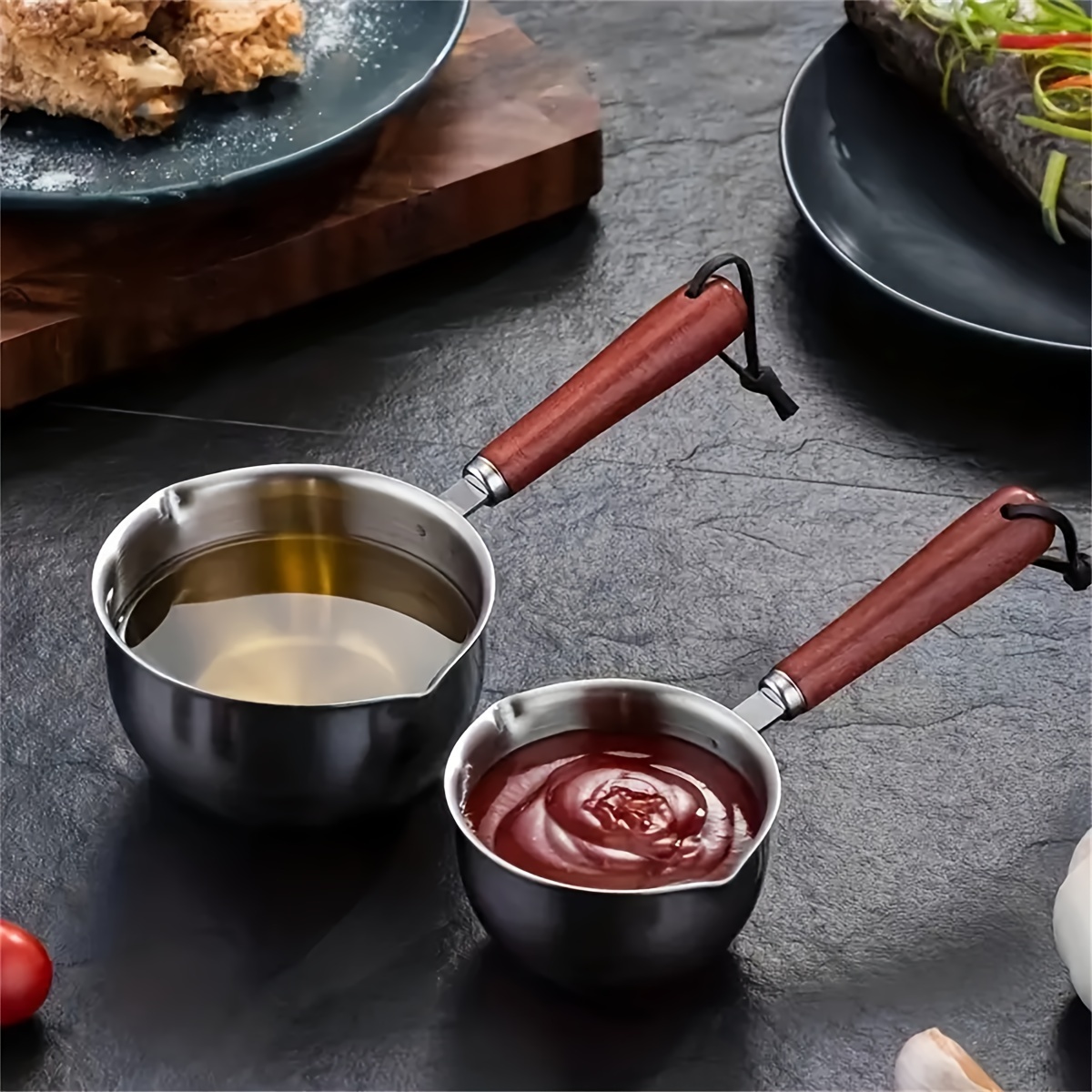 Small Pot Oil Sauce Pans Reusable Wood Handle Pour Spout Steamer