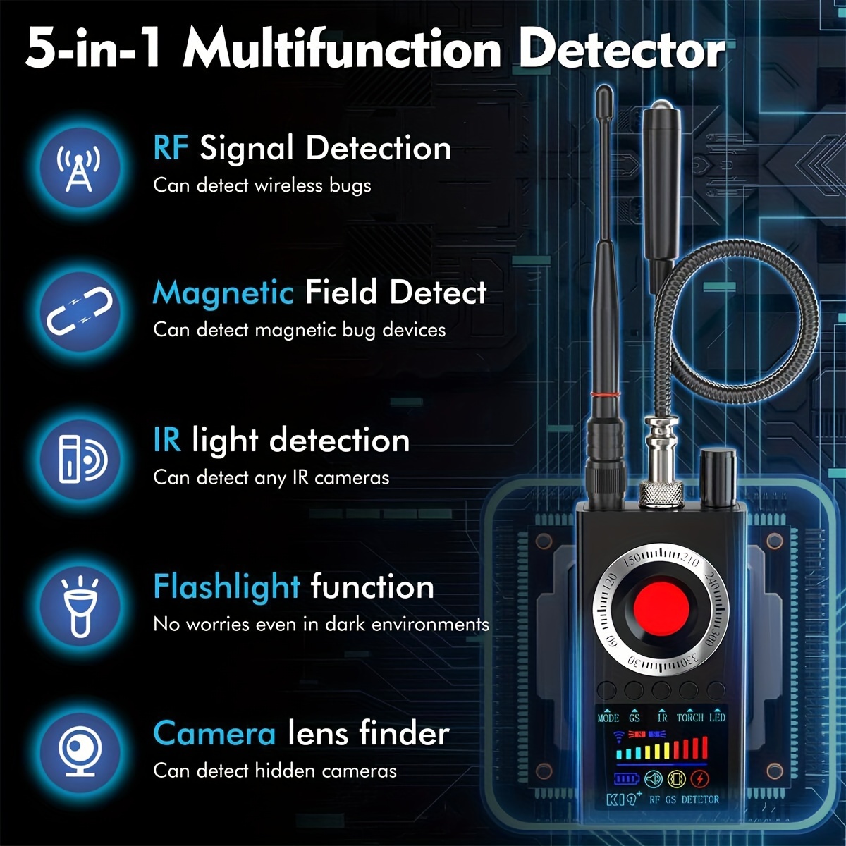 Detector de cámara oculta, detector antiespía, detector de rastreador GPS,  escáner de señal RF con amplio rango de frecuencia de 1M-8G Hz y 12 niveles  de sensibilidad, detector de errores, buscador de