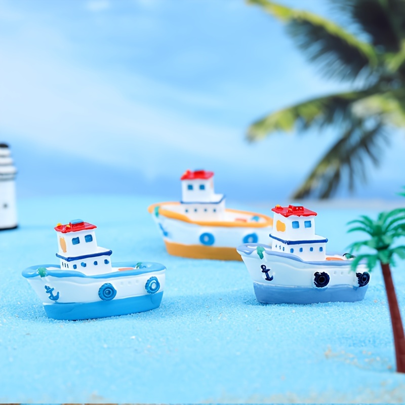 4pcs Miniature Beach Ornaments Resin Fishing Boat Models Scenery
