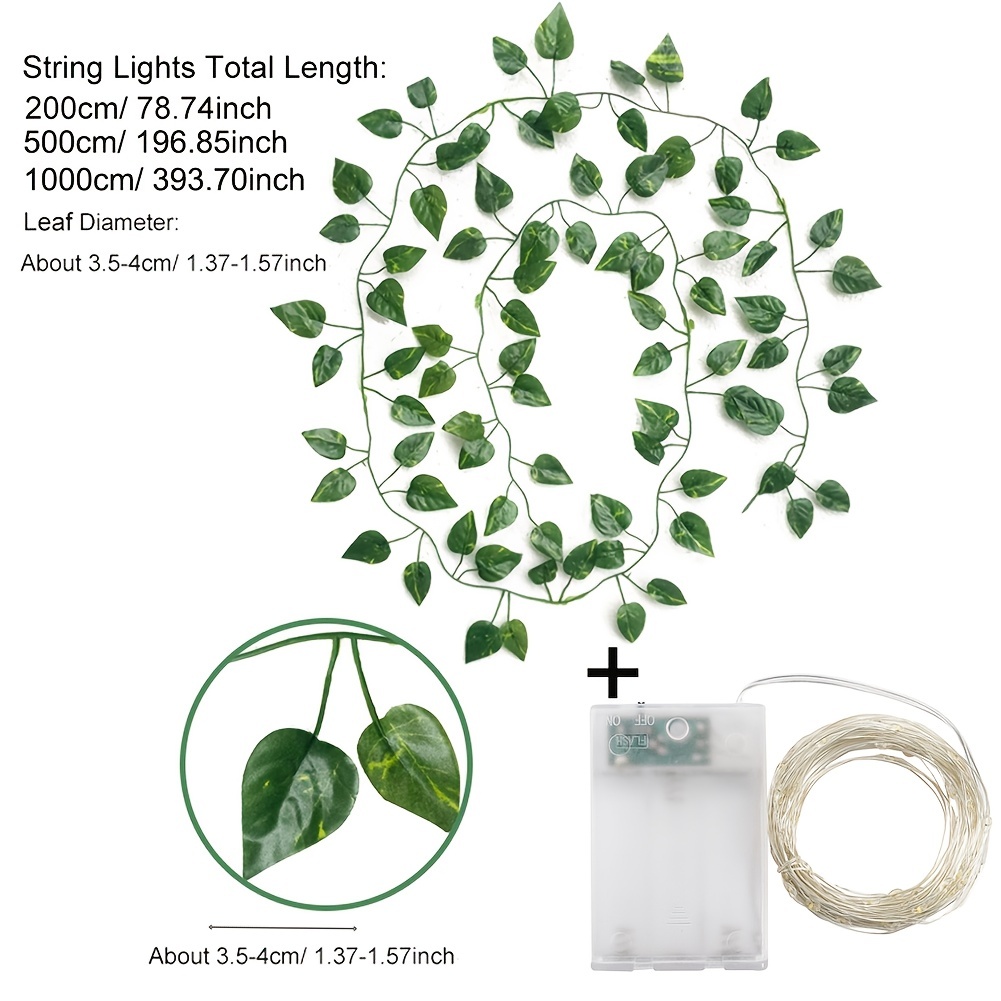 Artificial Green Leaf LED String Lights, 78.74inch/ 196.85inch/ 393.7inch  String Lights Battery Operated Vine Fairy String Lights, Hanging Garland Cop