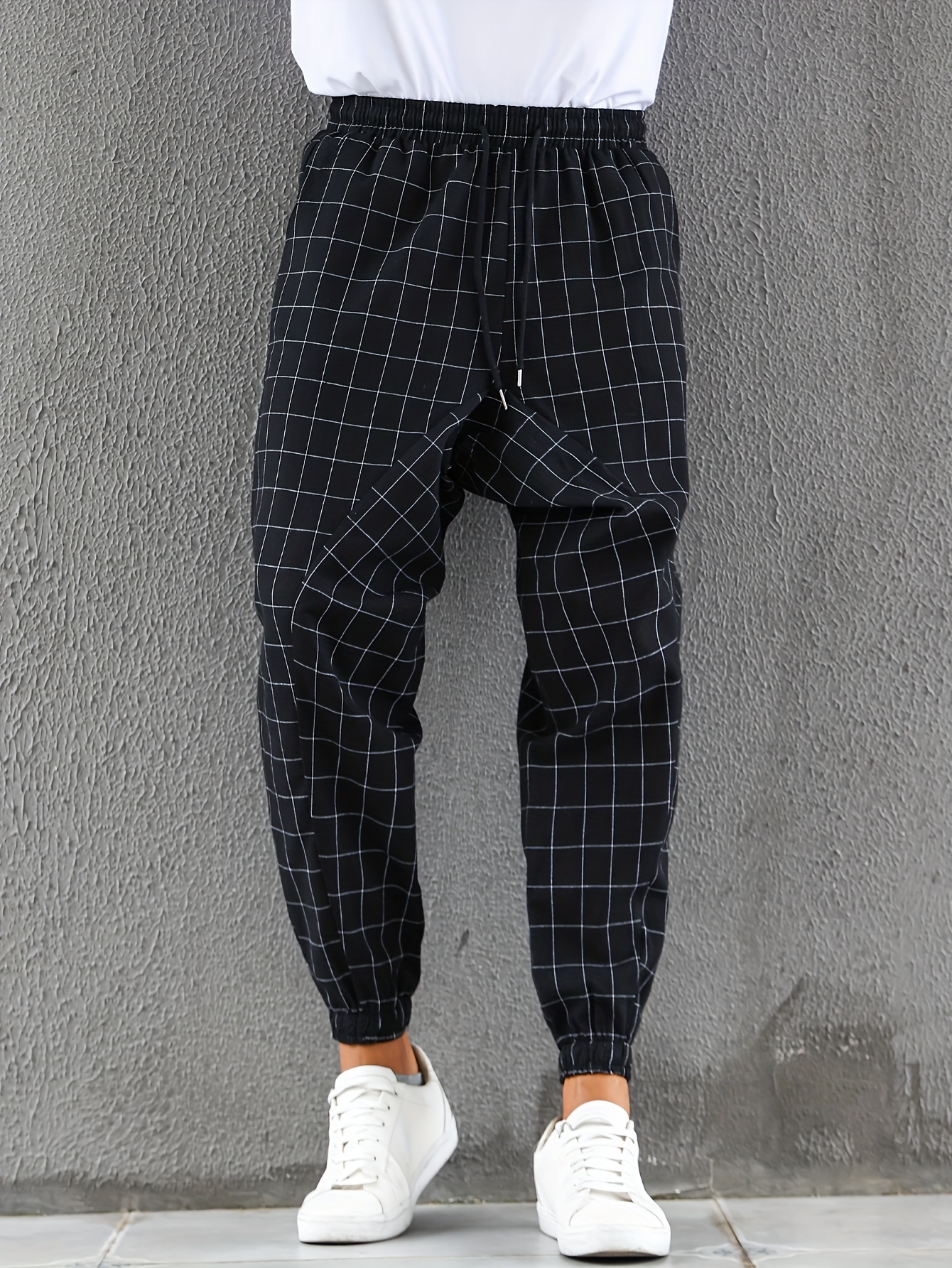 Mid Rise Drawstring Multiple Pockets Adjustable Drawcord Plaid Casual  Joggers