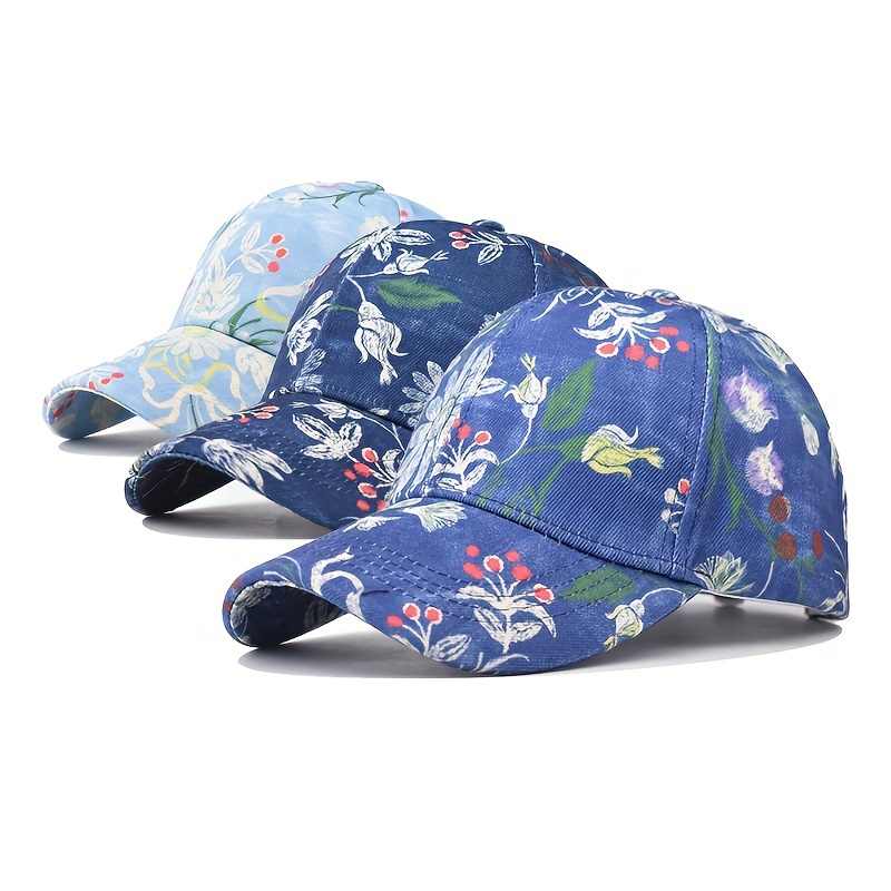Flower Print Denim Baseball Trendy Blue Washed Distressed Dad Hats Lightweight Adjustable Sun Hat for Women Girls,Temu