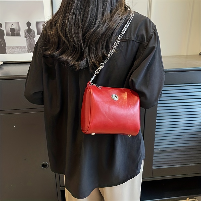 Faux Pearl & Chain Decor Boston Bag, Cartoon Embossed Zipper Crossbody Purse,  Women's Trendy Satchel Bag - Temu