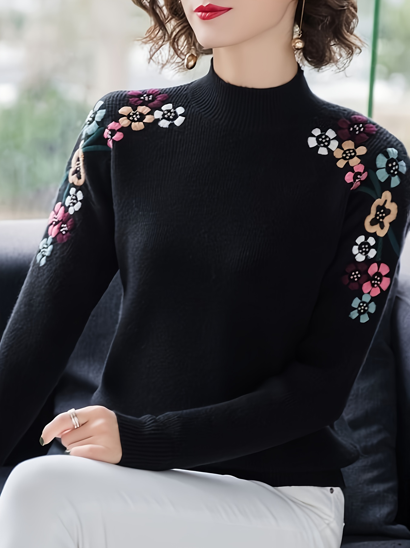 floral pattern mock neck knit sweater casual long sleeve pullover sweater womens clothing black 2