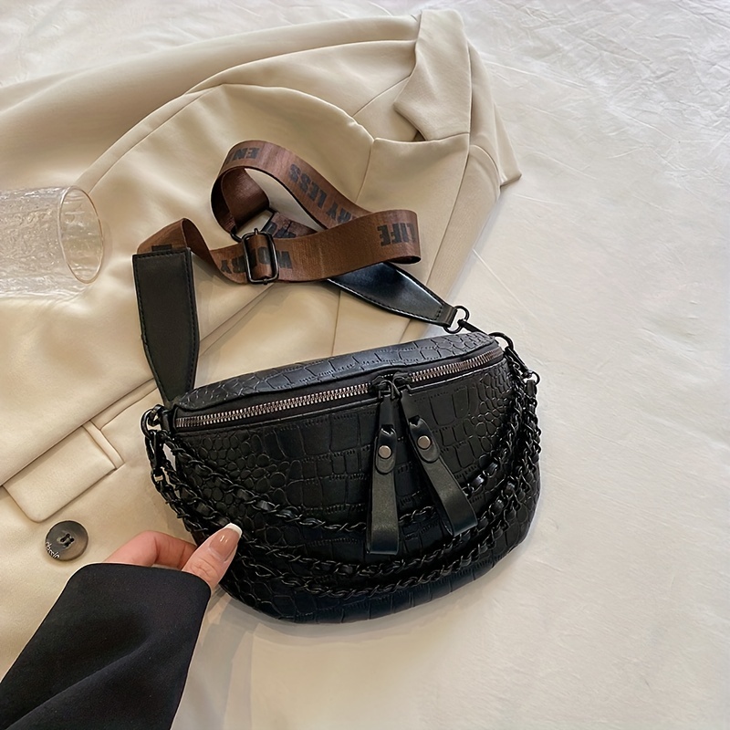 Crocodile Embossed Waist Bag Chain Decor Zipper Fanny Pack, Cool Faux  Leather Chest Bag For Girls - Temu