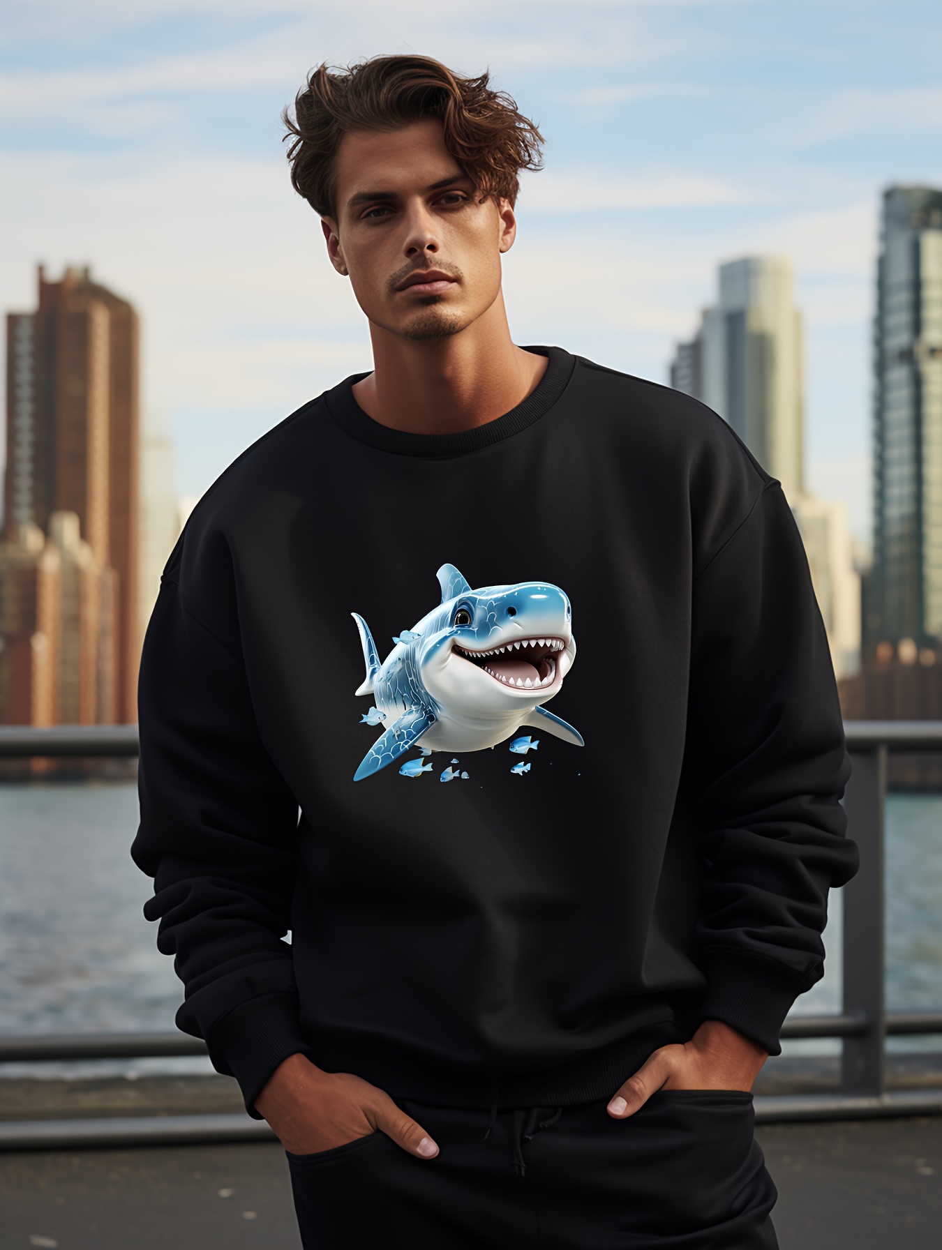 Cartoon Shark Various Print Men's Trendy Comfy Sweatshirt - Temu