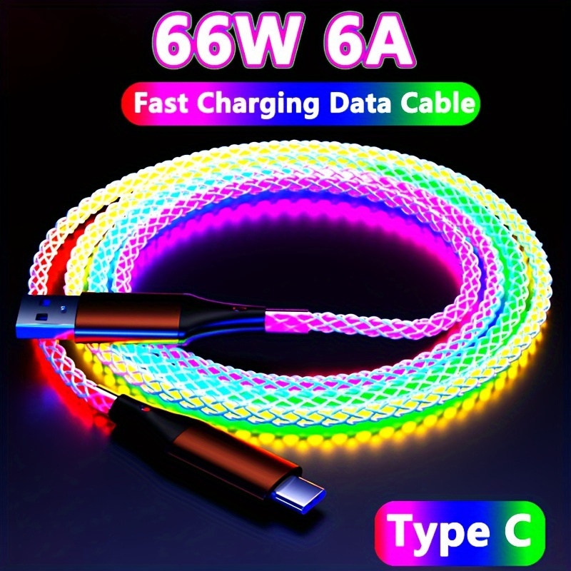 

66w 6a Usb Type C Rgb Glowing Color Light Fast Charging Data Cable For Samsung S23/s22/s21, For Xiaomi K50, For Redmi/oneplus Phone Charger Usb C Cord
