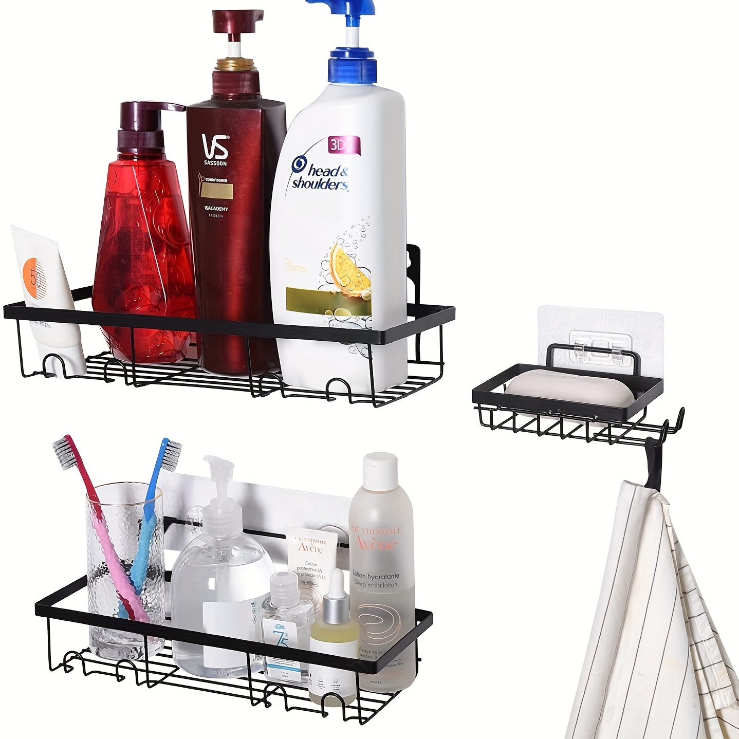 Organizador de ducha, paquete de 4 organizadores adhesivos de ducha con  soporte para jabón y soporte para cepillo de dientes, estante de ducha para