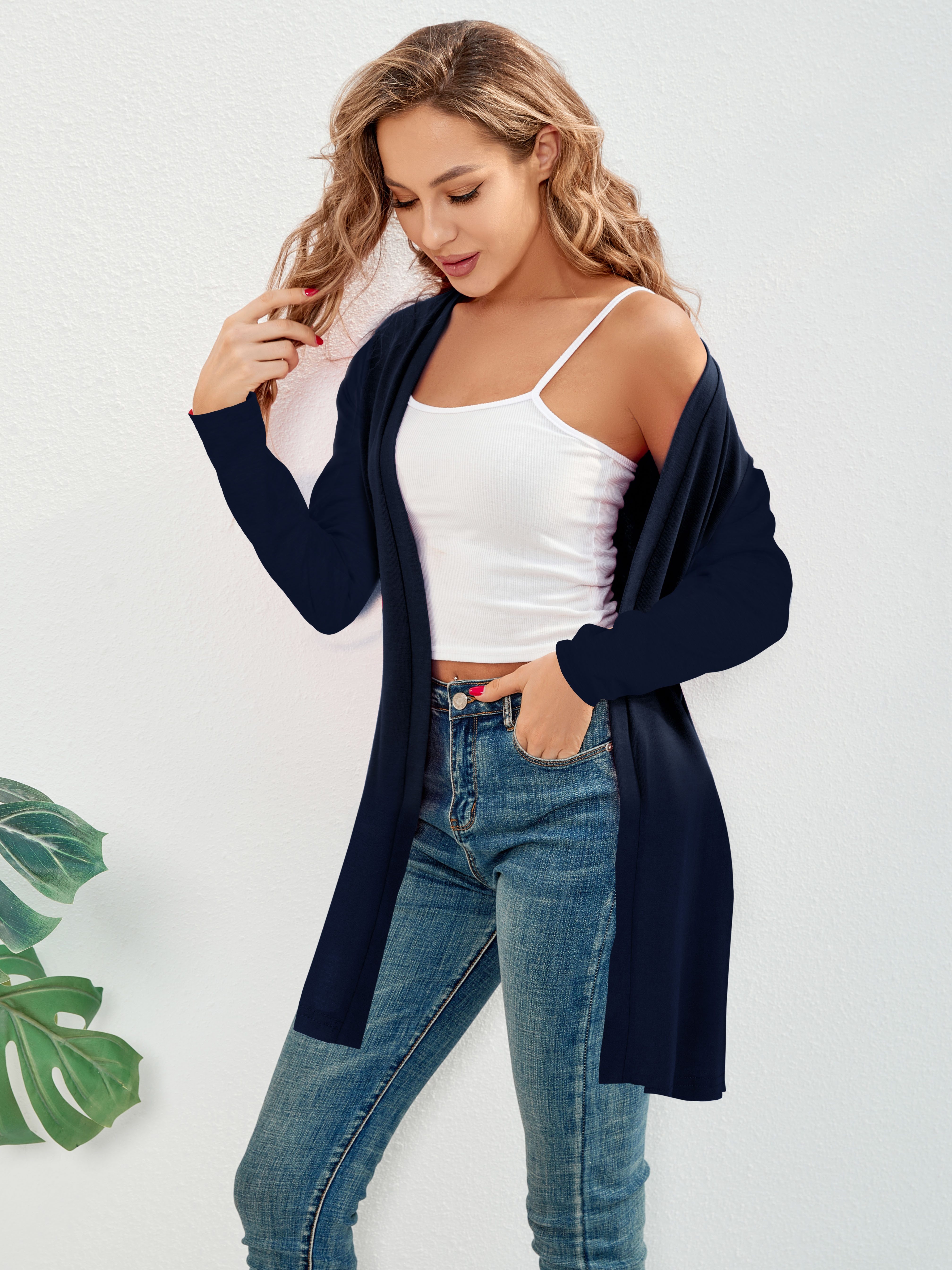 Solid Open Front Cardigan Elegante Cardigan A Maniche Lunghe