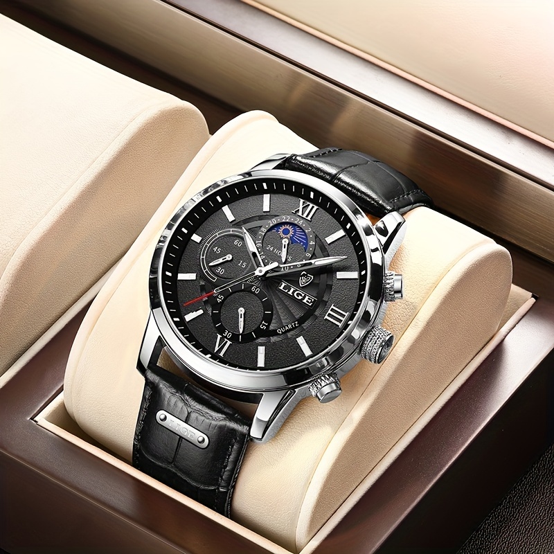 LIGE Men Watches Leather Waterproof Luminous Quartz Wristwatch