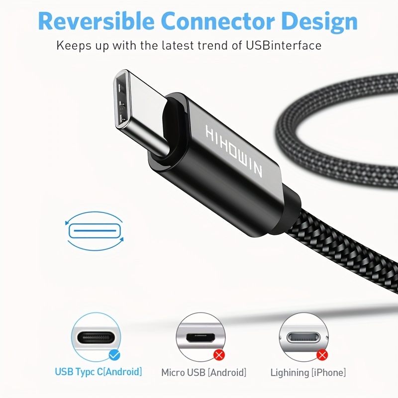 Câble USB-C vers USB-C Charge Rapide 60W pour Xiaomi Redmi 11A 10A 10C 9 9A  9C 9T - Nylon Renforcé Noir 1M