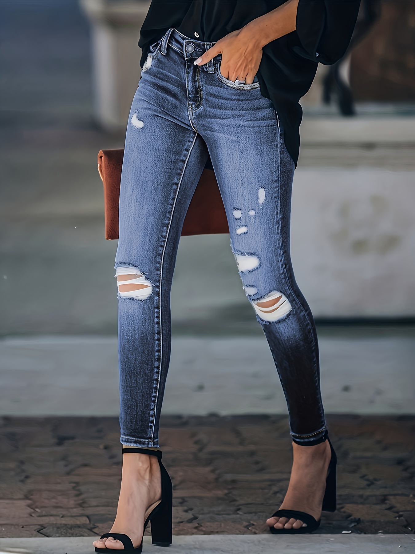 Ripped Knee Cut Black Jeans Button Slash Pockets Solid Color - Temu Canada