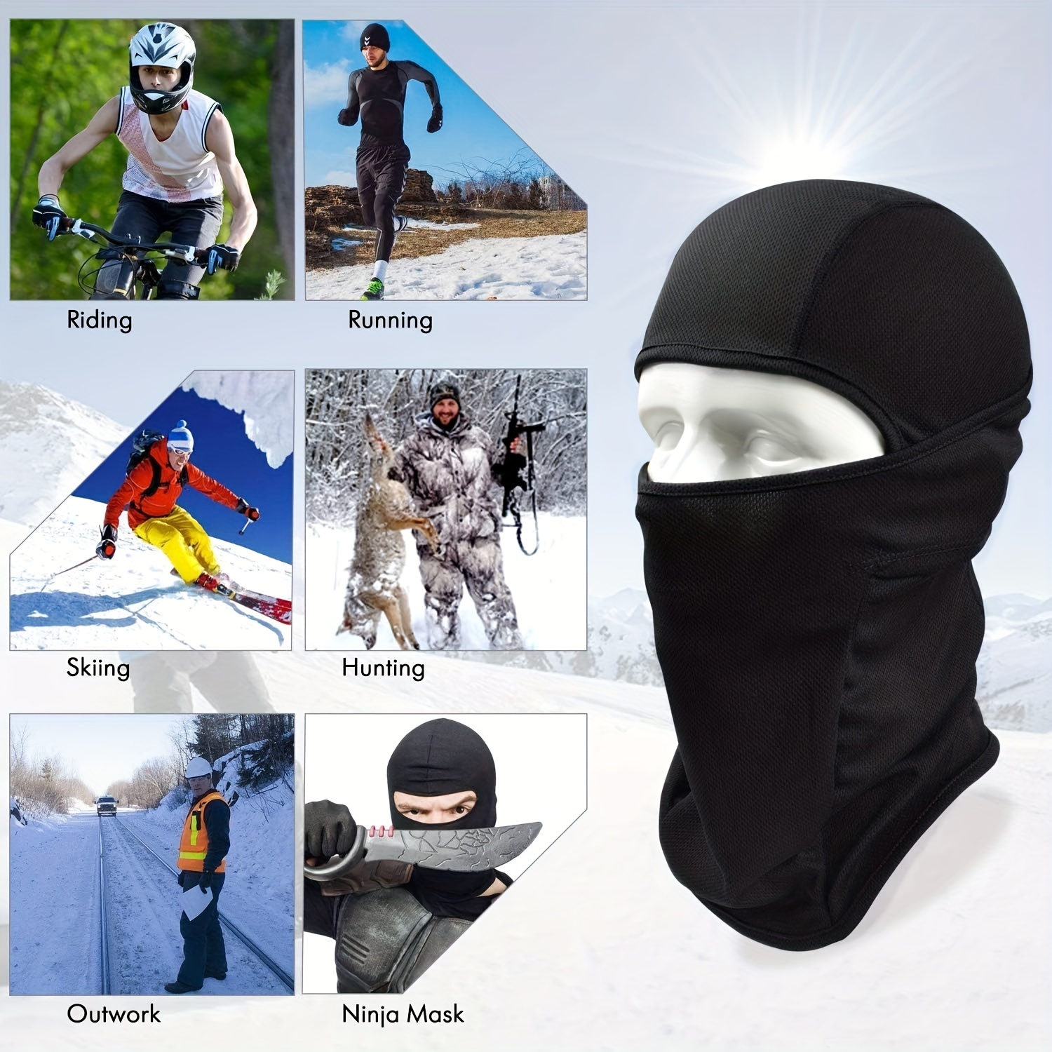 Pasamontañas para hombre 3 uds máscara facial negra, calentador ligero  esquí NEW