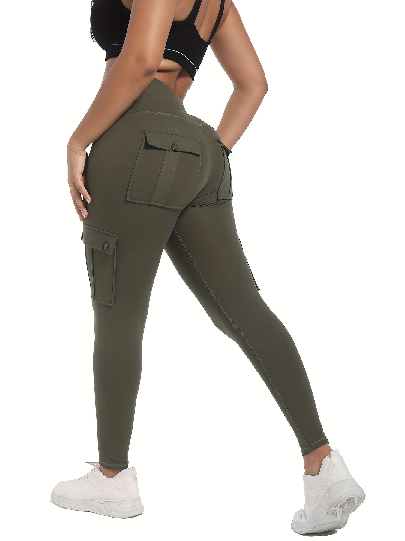 Women High Waisted Cargo Leggings with Multi Pockets Stretchy Quick-dry  Yoga Pants Butt-Lift Workout Jogging Pants (Small, Khaki) 