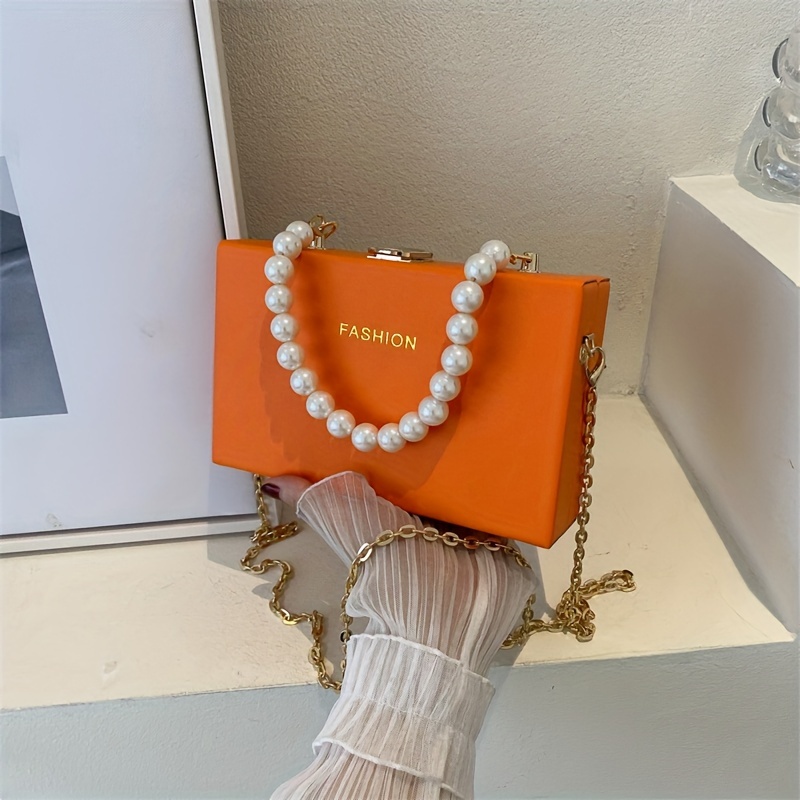 Mini Box Bag Orange Fashionable Chain Strap, Clear Bag