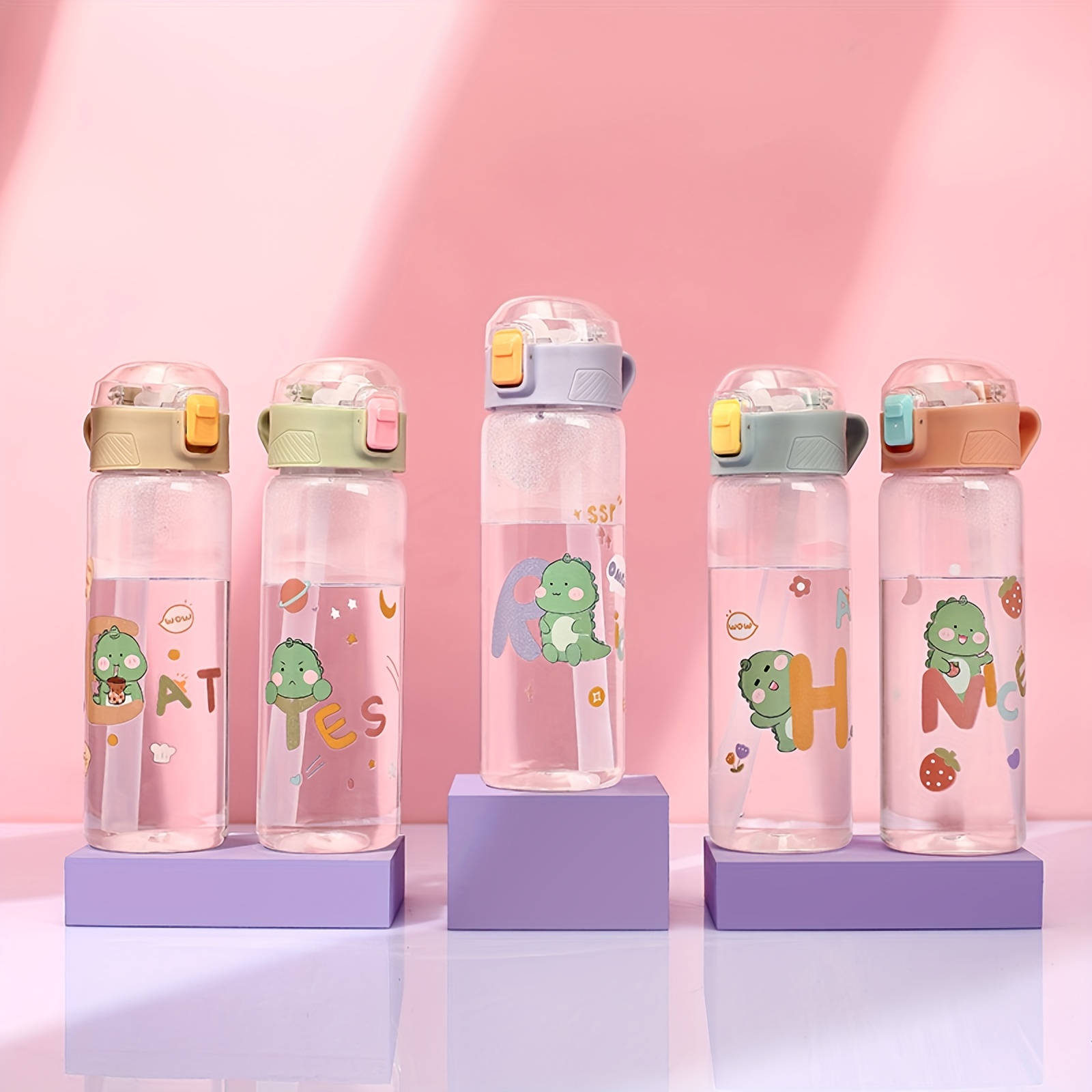 Cartoon Cute Water Bottle With Double Straw Lips Leakproof - Temu