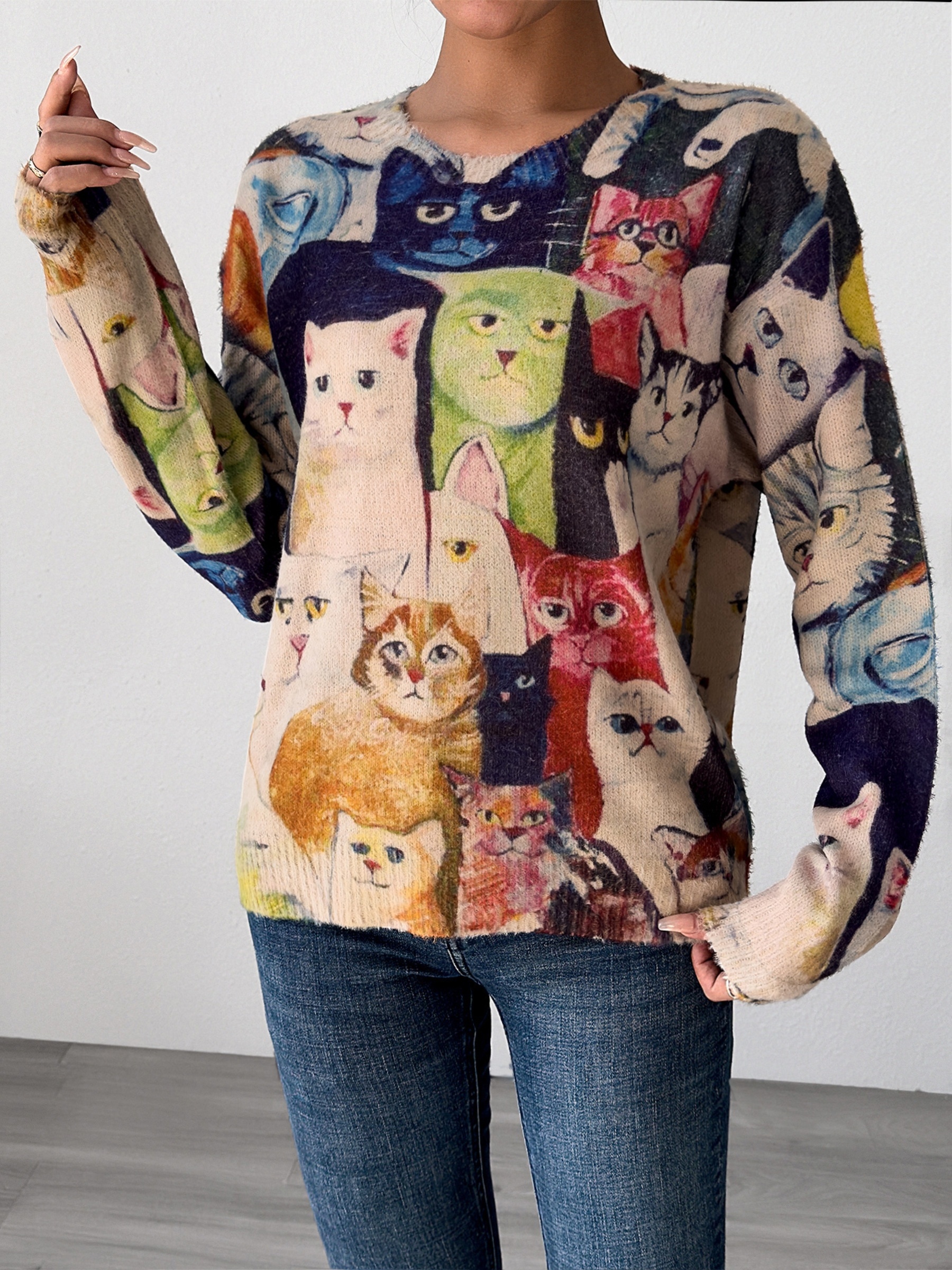 Cartoon Cat Pattern Pullover Sweater Casual Crew Neck Long Temu