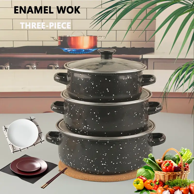 Enamel Double Ear Wok Set, Black Enamel Stew Pot, Kitchen, Home