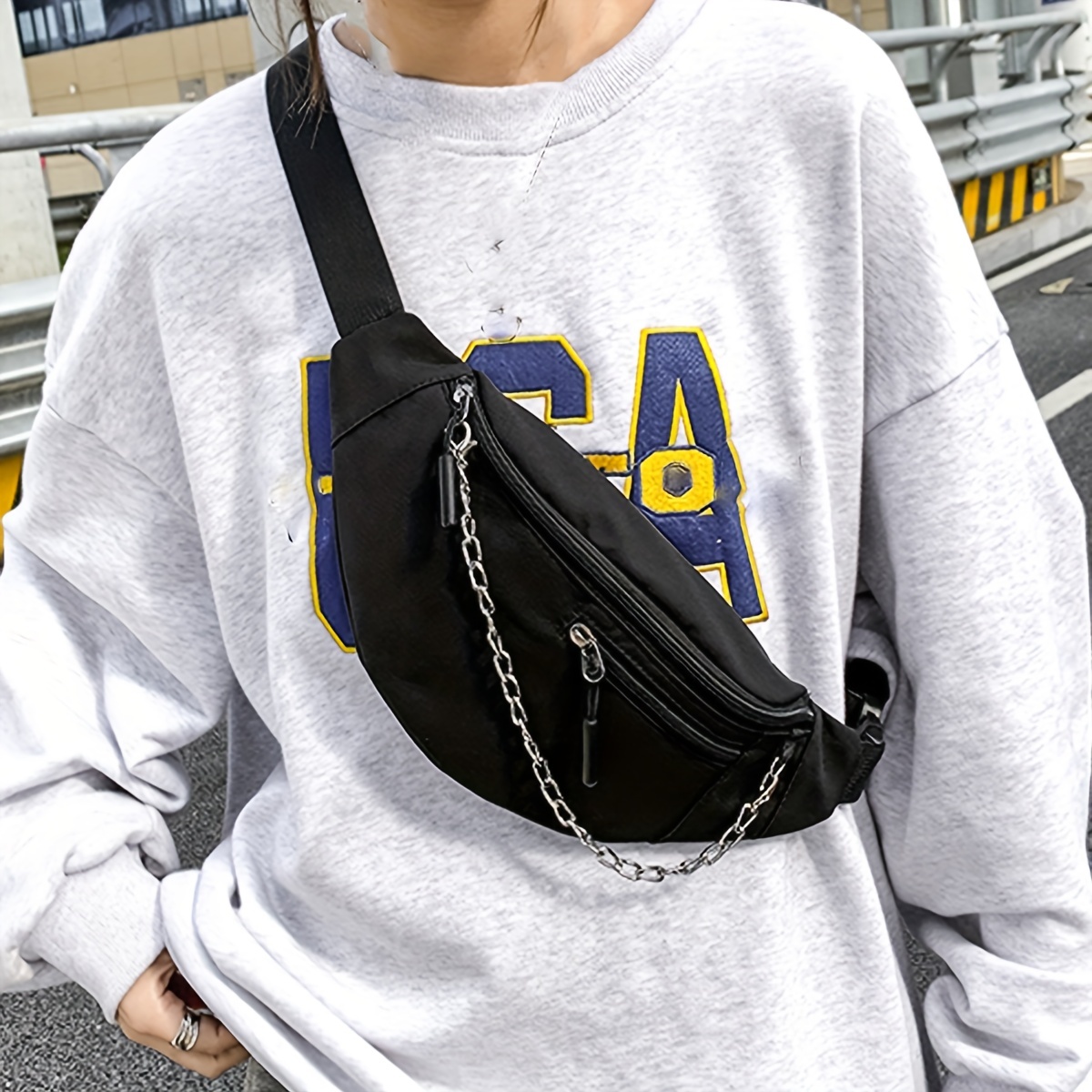 Chain Decor Fanny Pack Nylon Crossbody Bag