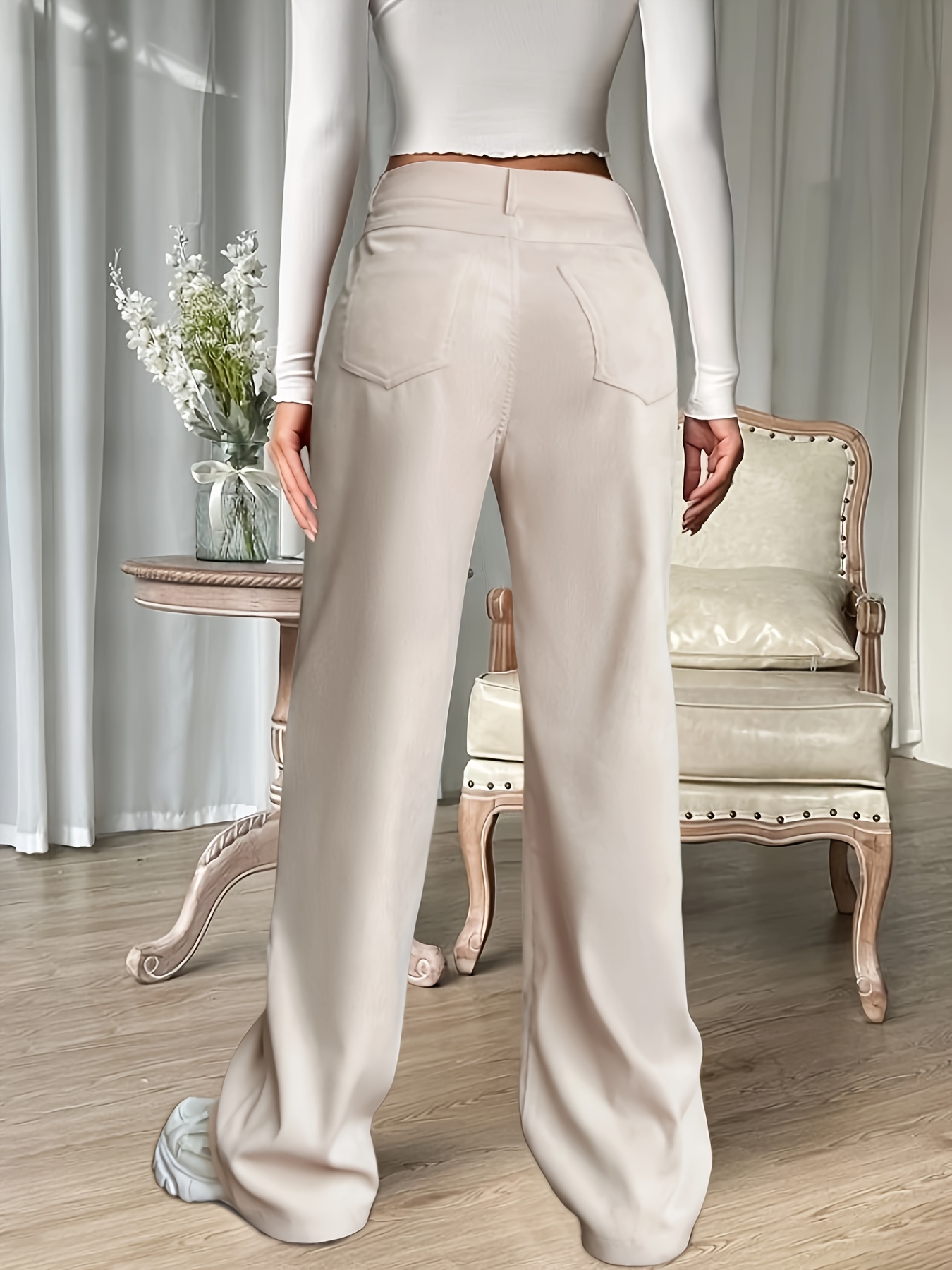 Solid Loose Straight Leg Pants, Casual High Waist Long Length Pants,  Women's Clothing