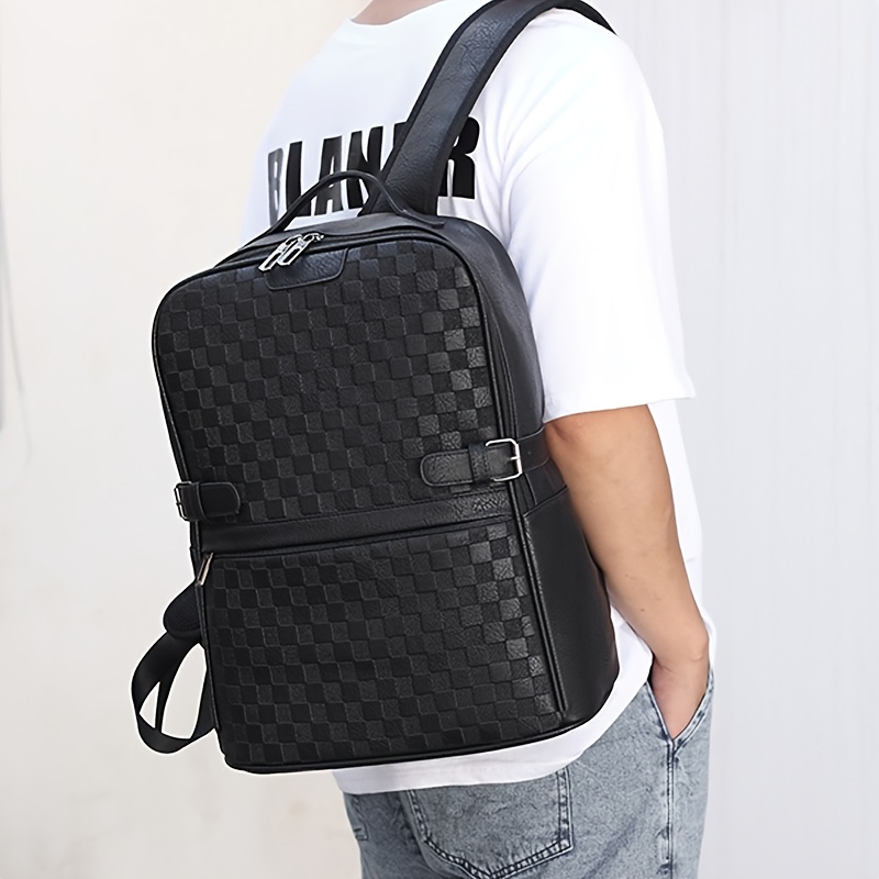 Men's Backpack Plaid Pu Business Office Backpack Student Schoolbag