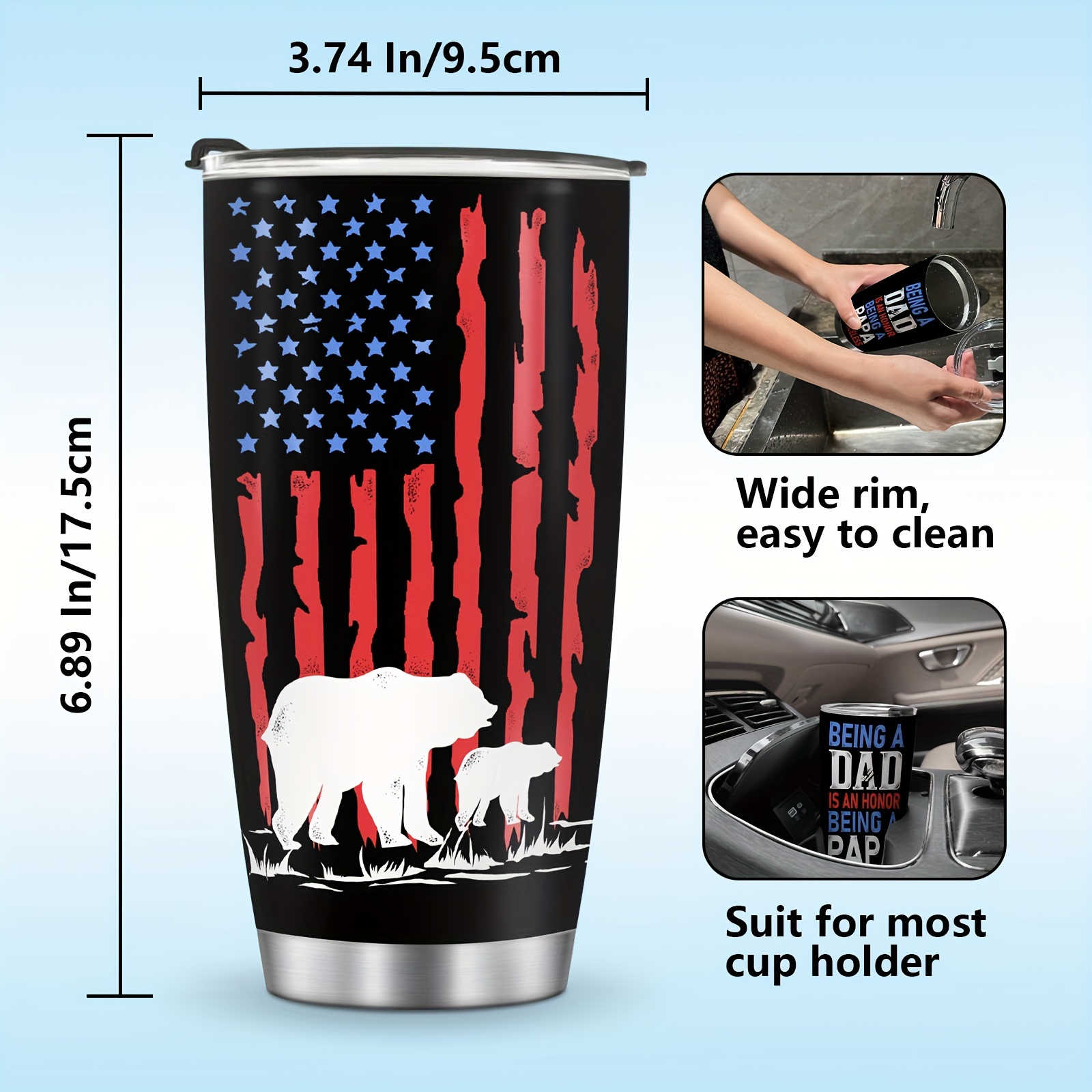 Papa Bear Tumbler For Dad - Stainless Steel American Flag Tumbler Cup 20oz  for Father - Birthday Gifts for Dad From Daughter Son - Fathers Day Gift