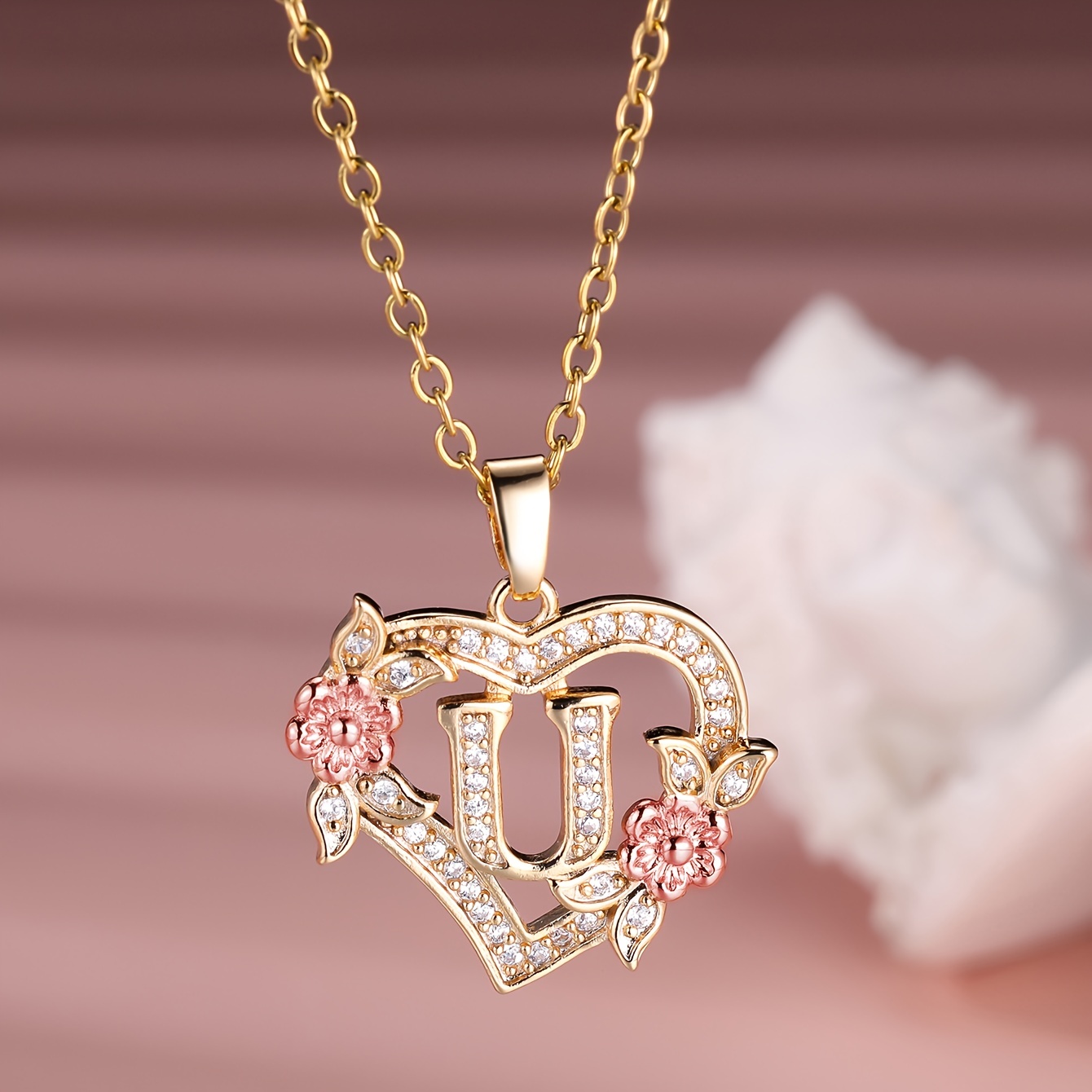 1 Elegant Heart-Shaped Pendant Necklace with A-Z Letters, Golden-Tone Floral Design