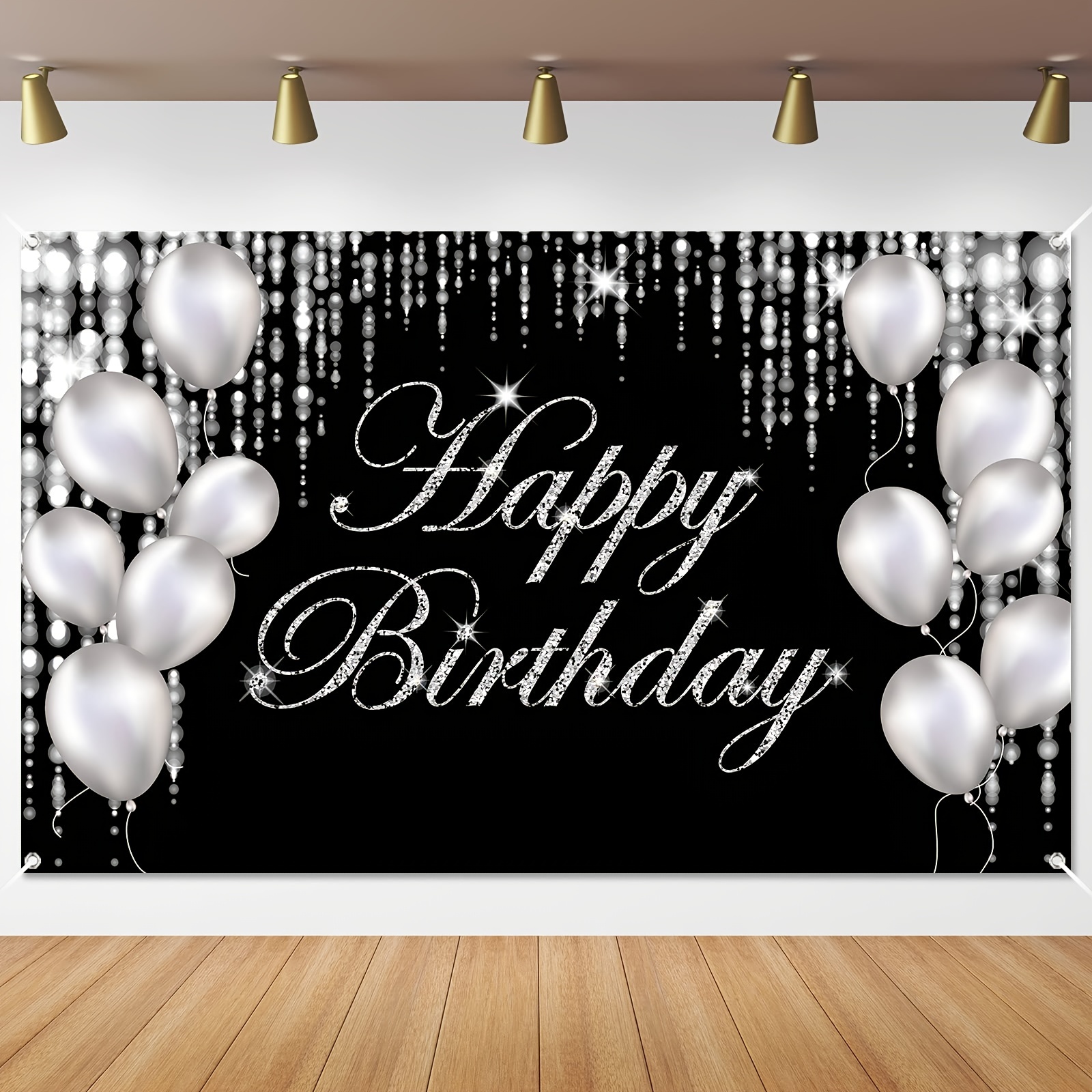 Silver Happy Birthday Banner Backdrop Black White Balloons - Temu