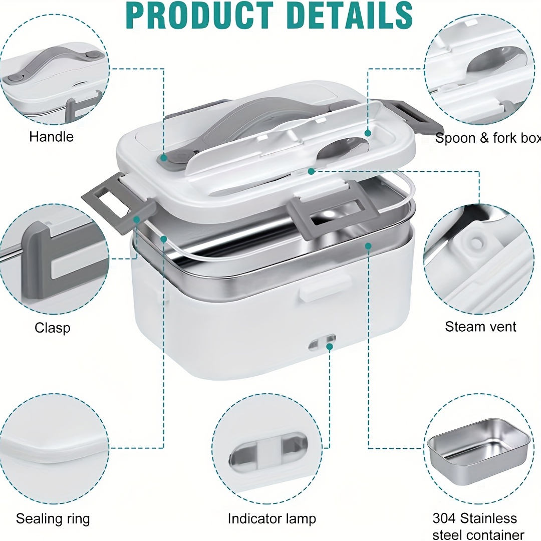  Electric Lunch Box Fast 75W Food Heater 3 in 1 Portable Food  Warmer for Car/Truck/Office 12/24/110V Self Heating Lunch Box Leak Proof  1.8L Removable Stainless Steel Container Fork Spoon and Carry