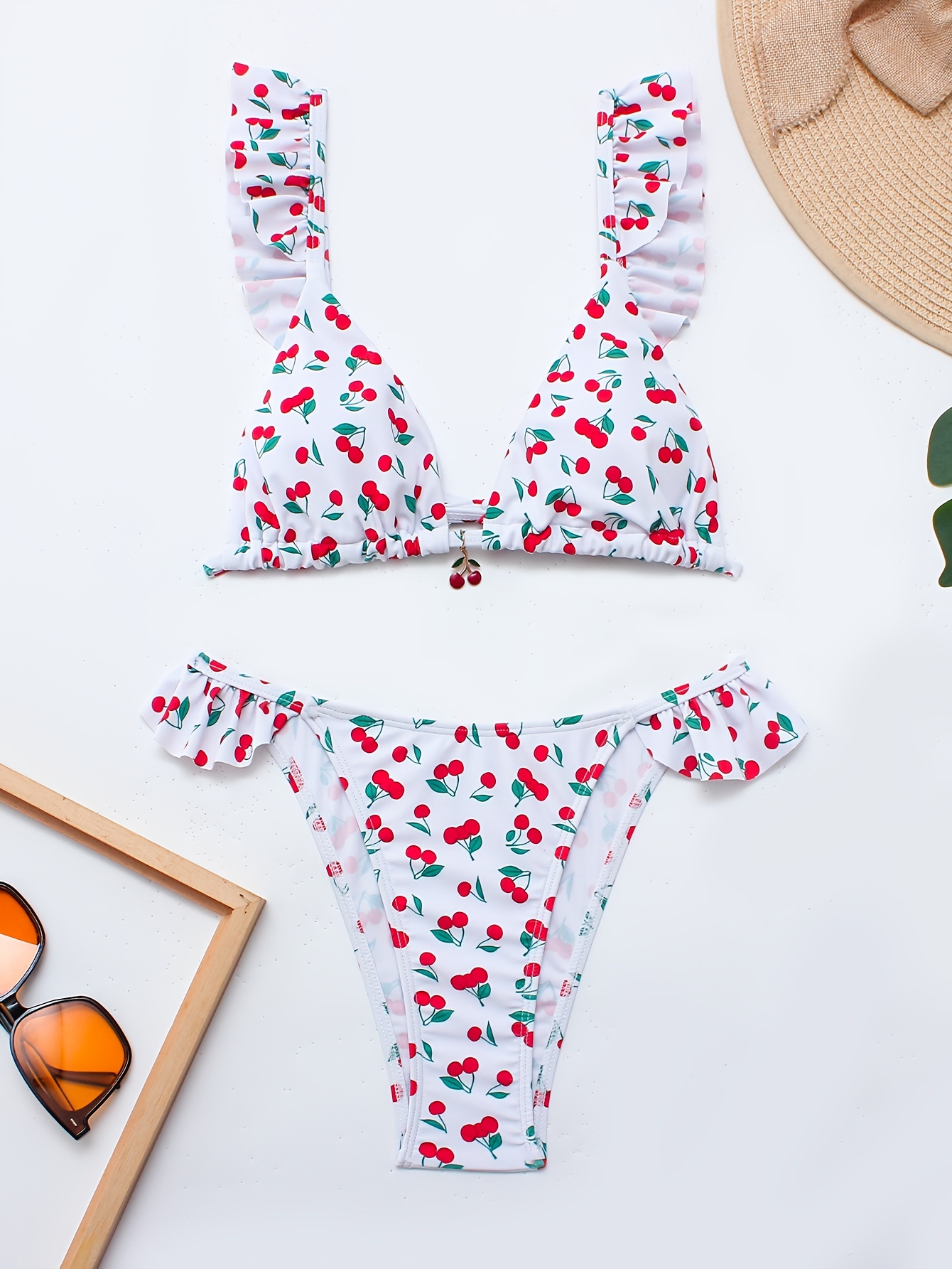 Cherry Print 2 Piece Set Bikini, Lettuce Trim V Neck High Cut Swimsuits, Women's Swimwear & Clothing