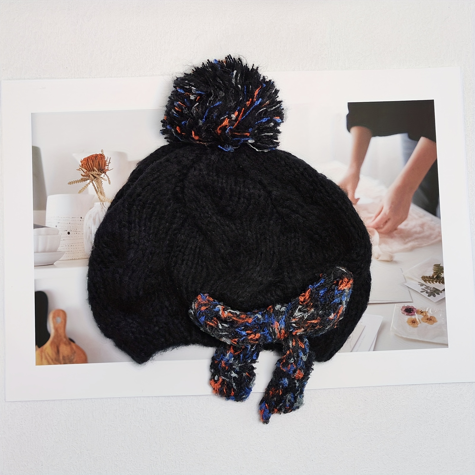 Elegant Big Bowknot Beanie Pom Thick Warm Elastic Beret Hat - Temu