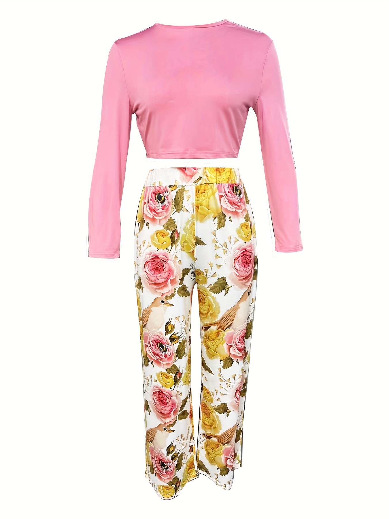 Casual Spring & Fall Two-piece Set, Solid Puff Sleeve Tops & Floral Print  Palazzo Pants Outfits, Women's Clothing