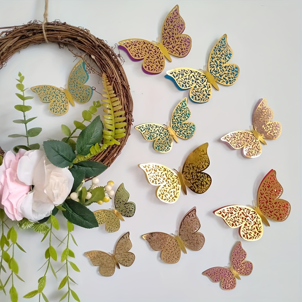 12pcs Doppelschichtige Bunte Hohle Schmetterlingswand-Aufkleber 3D  Dreidimensionale Hohle Papier-Schmetterling Hochzeitsfest-Feier-Anordnung