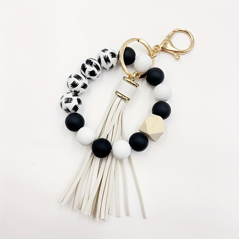 1pc Acrylic Beads Wristlet Keychain with Woolen Tassel Bag Purse Accessories for Women,Temu