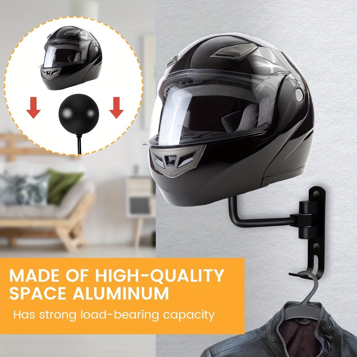 Soporte dorado para casco de motocicleta de 180°, paquete de 2 soportes de  metal de rotación para casco de pared, soporte para casco de bicicleta con