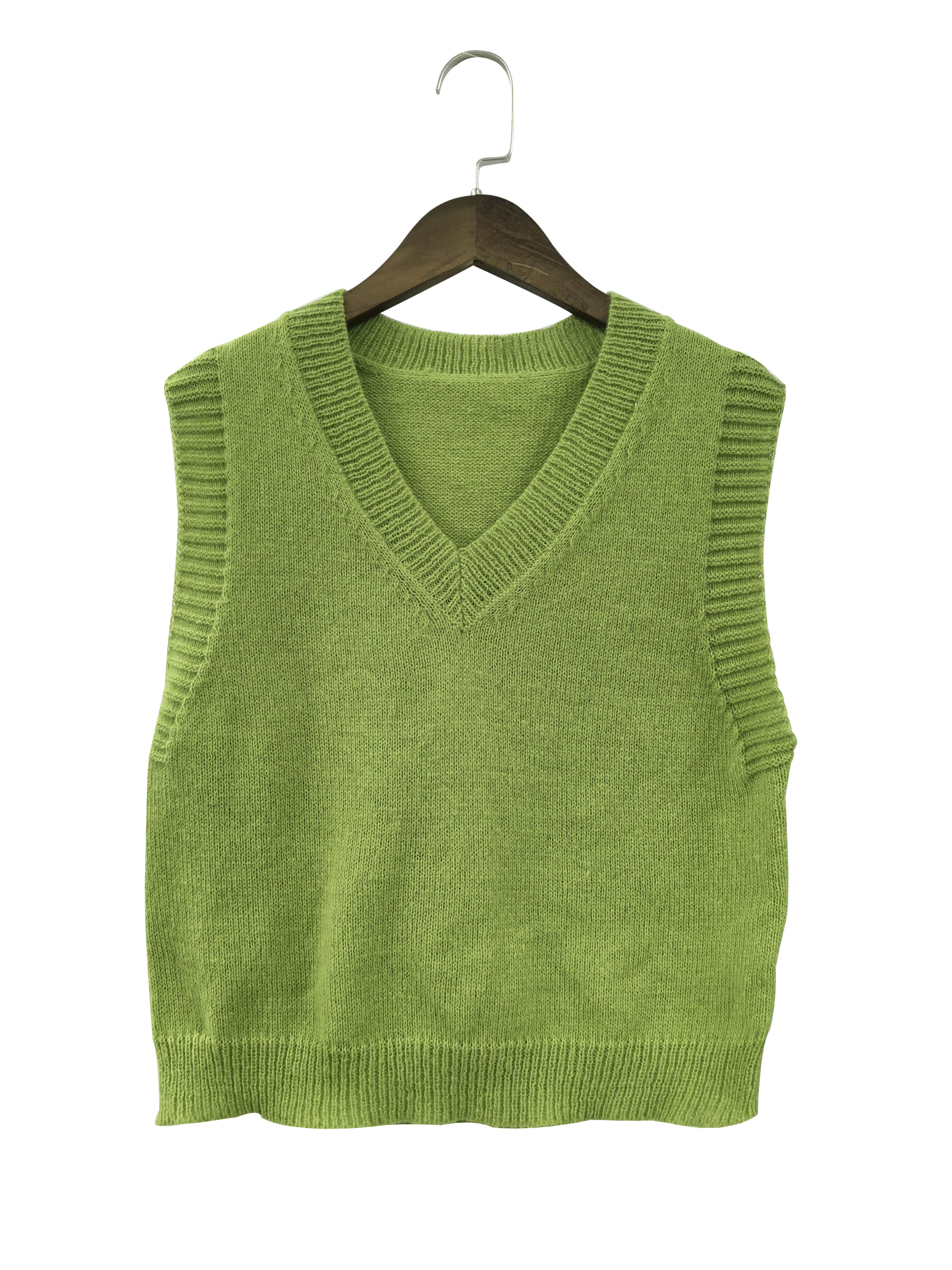 Women's V-Neck Knit Sweater Vest Solid Color Preppy Style Sleeveless Loose  Pullover Crop Knit Vest Top (Green)