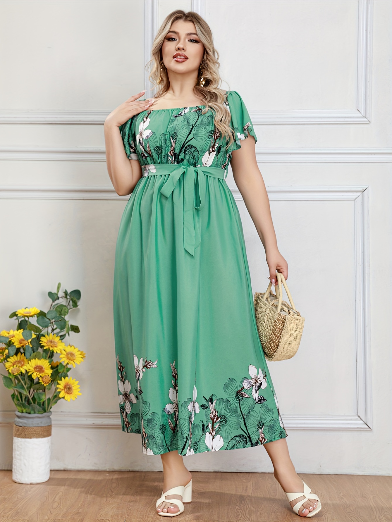 Teal Plus Size Floral Dresses Spring