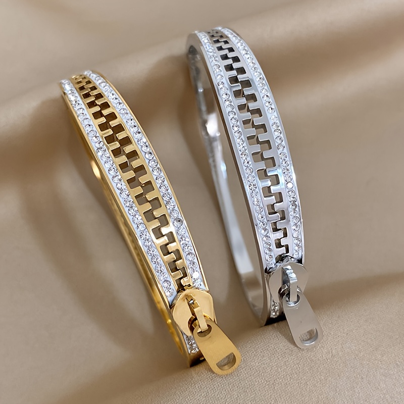 

Creative Shiny Rhinestones Zipper 316l Stainless Steel Bangle, Statement Plated Fashion Jewelry