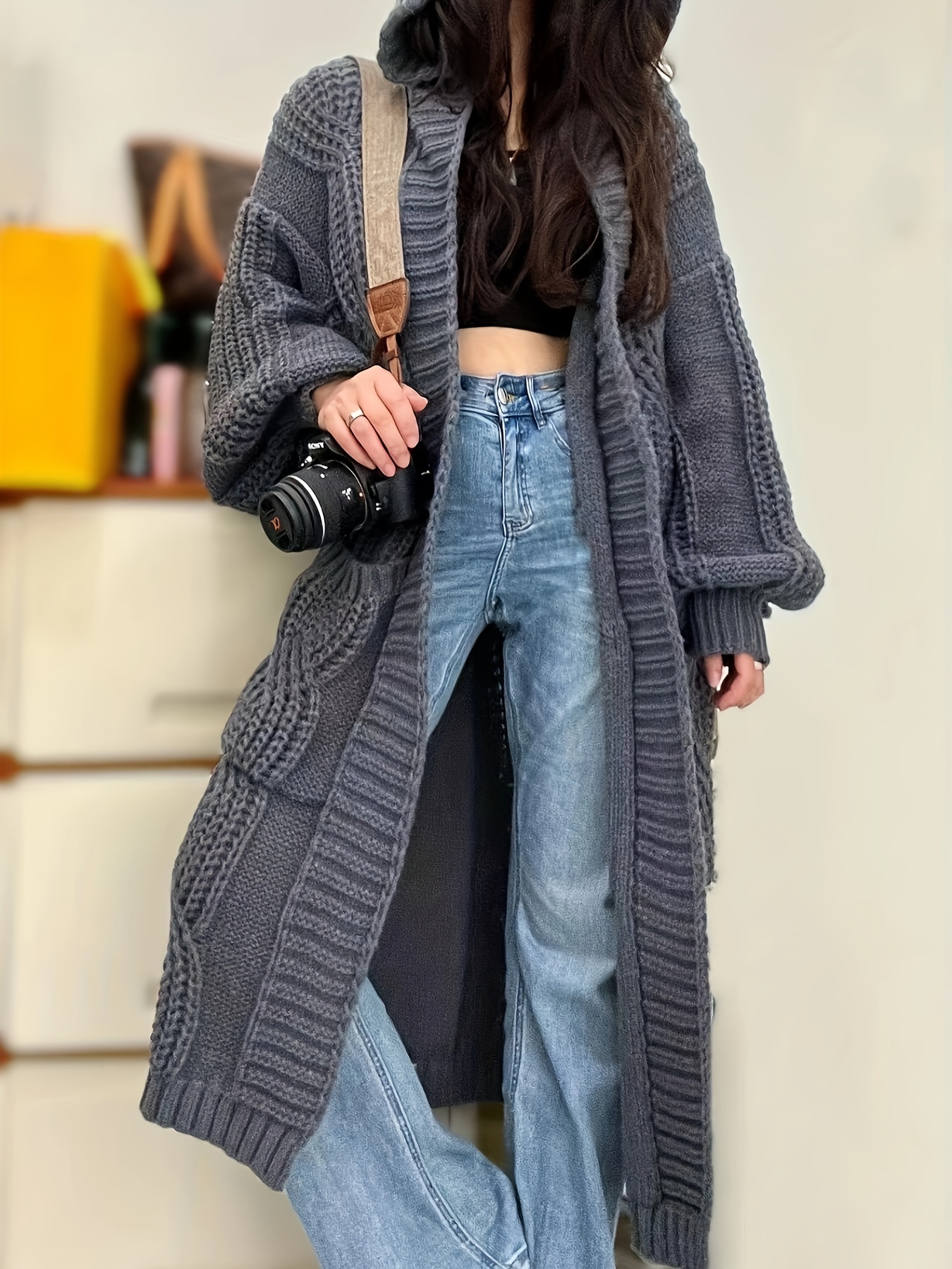 Solid Open Front Chunky Cable Knit Cardigan Casual Long - Temu