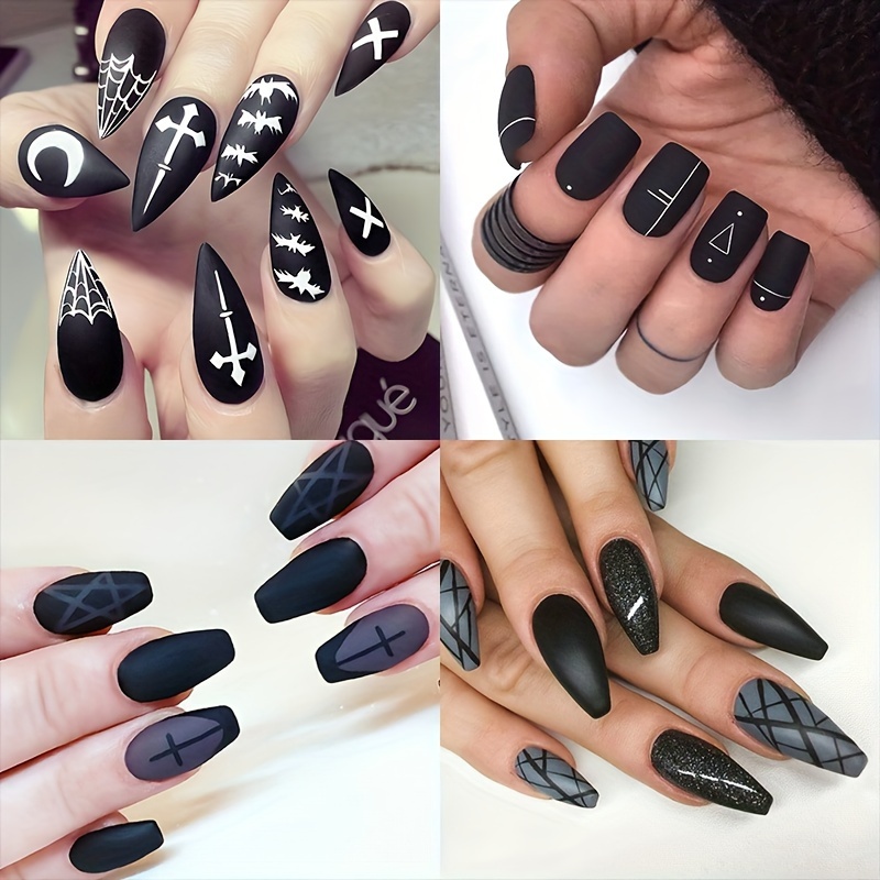 

4 Packs (96 Pcs) Matte Black Medium Almond&coffin Press On Nails Halloween Spider Web Bat And Geometry Line With Design Fake Nails Mysterious False Nails For Women Girls