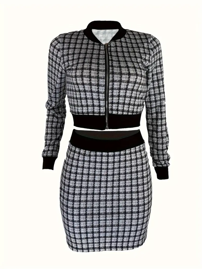 elegant plaid matching two piece set crop zip up jacket bodycon skirt outfits womens clothing details 15