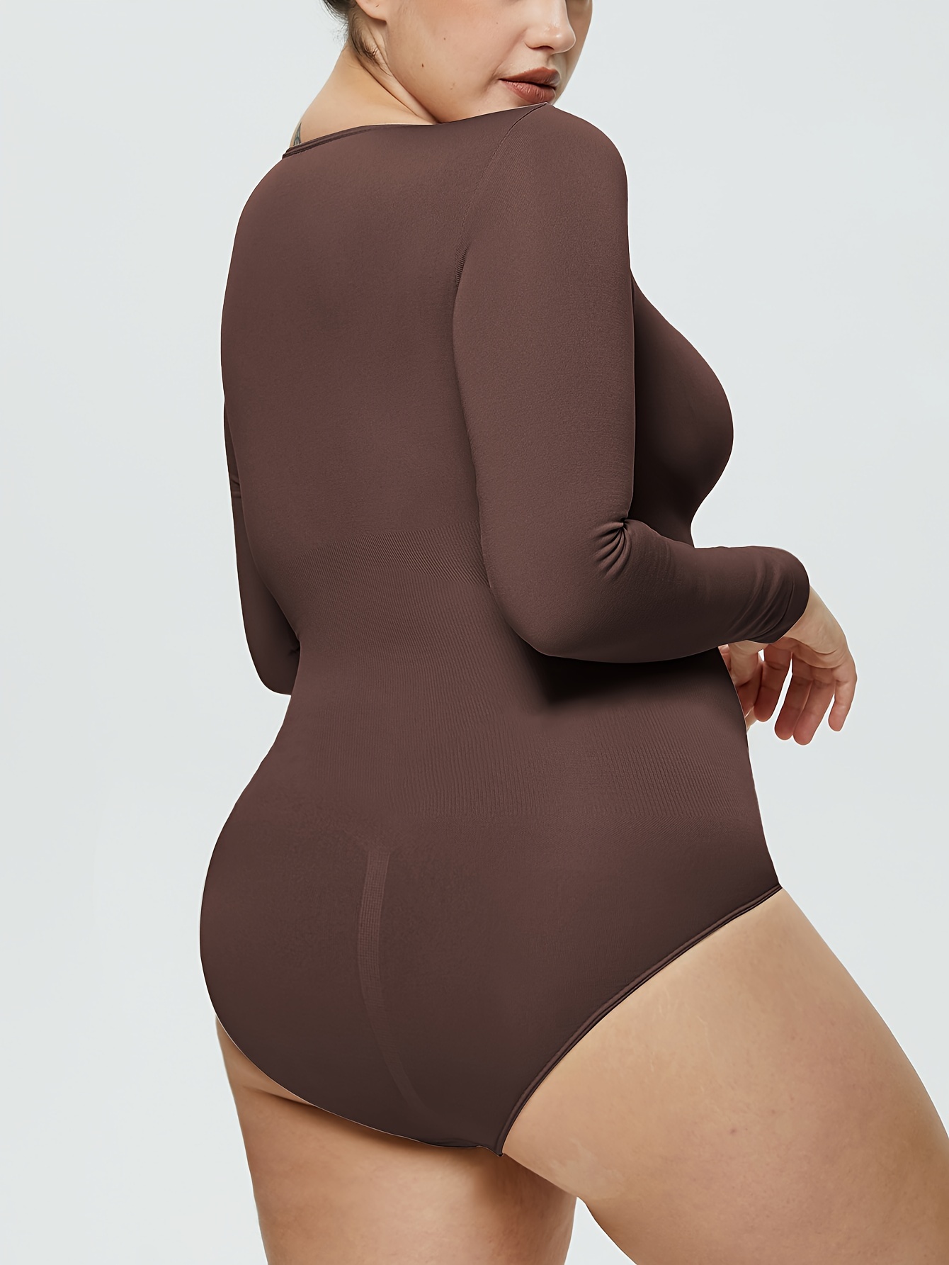 Women's Simple Shapewear Bodysuit, Plus Size Solid Seamless Long Sleeve  Tummy Control Slimming Body Shaper
