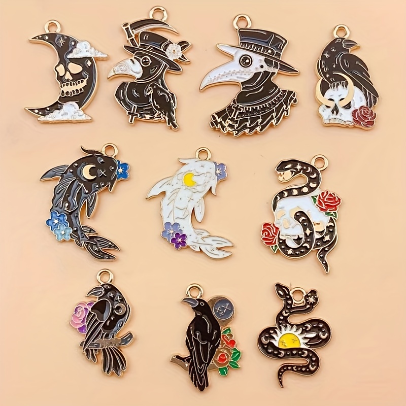 10pcs Gothic Style Moon Skull Crow Design Enamel Charms For DIY Jewelry  Making Earring Necklace Bracelet Keychain Pendants Accessories