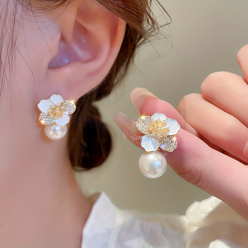 

Exquisite Enamel Flower With Faux Pearl Decor Dangle Earrings Elegant Japanese/ Korean Style Delicate Female Gift