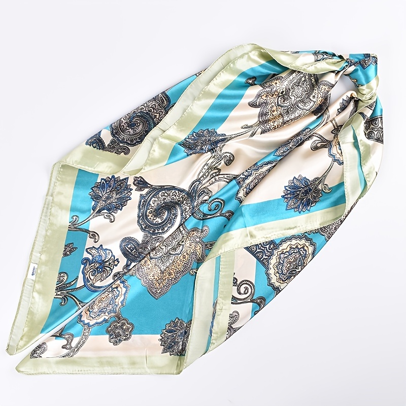 Elegant Silk Feeling Square Scarf Stylish Flower Pattern Sunscreen