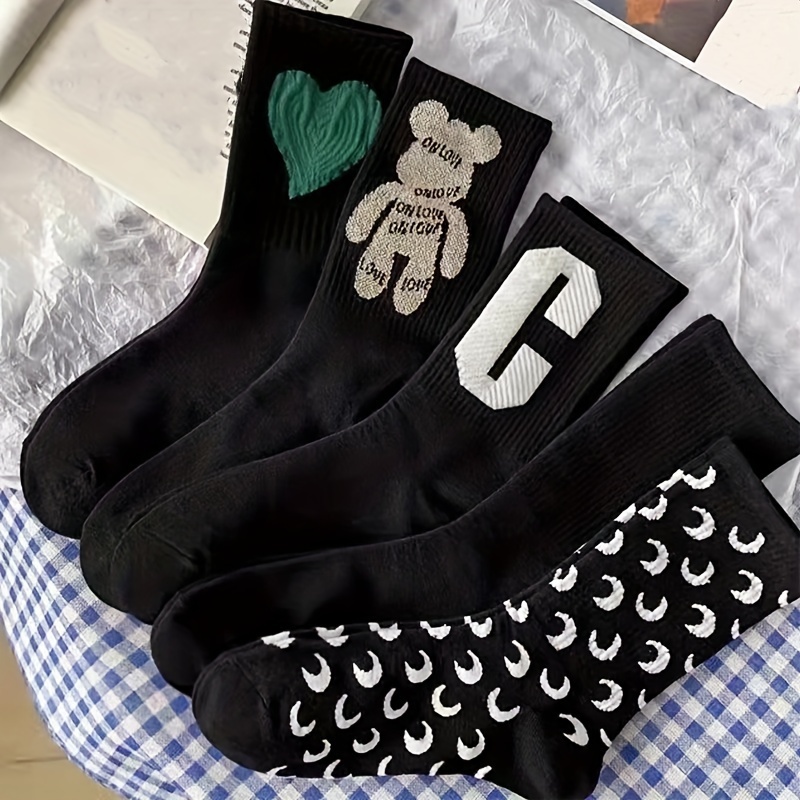 Letter & Bear Print Mid Tube Socks Womens Stockings
